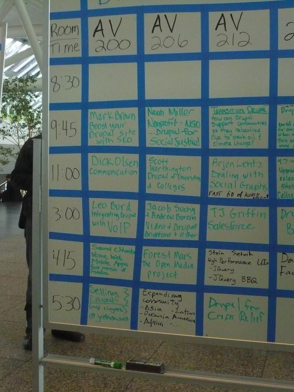 A whiteboard grid of handwritten session sign-ups from an unconference.